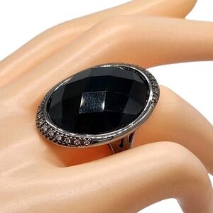 Vtg Signed MM Large Black Faceted Stone Statement Ring Rhinestone Gunmetal 7.5